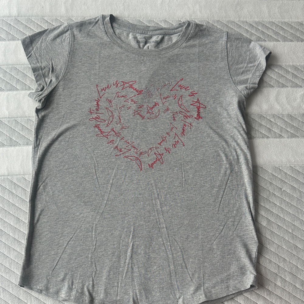 Zadig & Voltaire Gray Tee with Red Heart Design